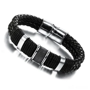 Top view of black leather rope braid bracelet featuring polished stainless steel toggle clasp detail, overhead shot