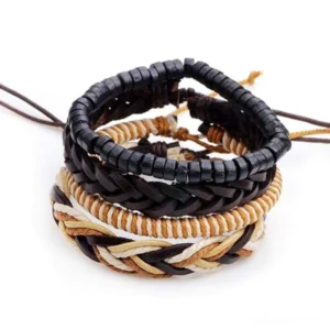 4-piece gothic brown leather bracelet set stacked flat lay top-down view showing mixed material braided rope wristband collection