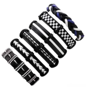 6-piece gothic leather and braided rope bracelet set black and white flat lay display