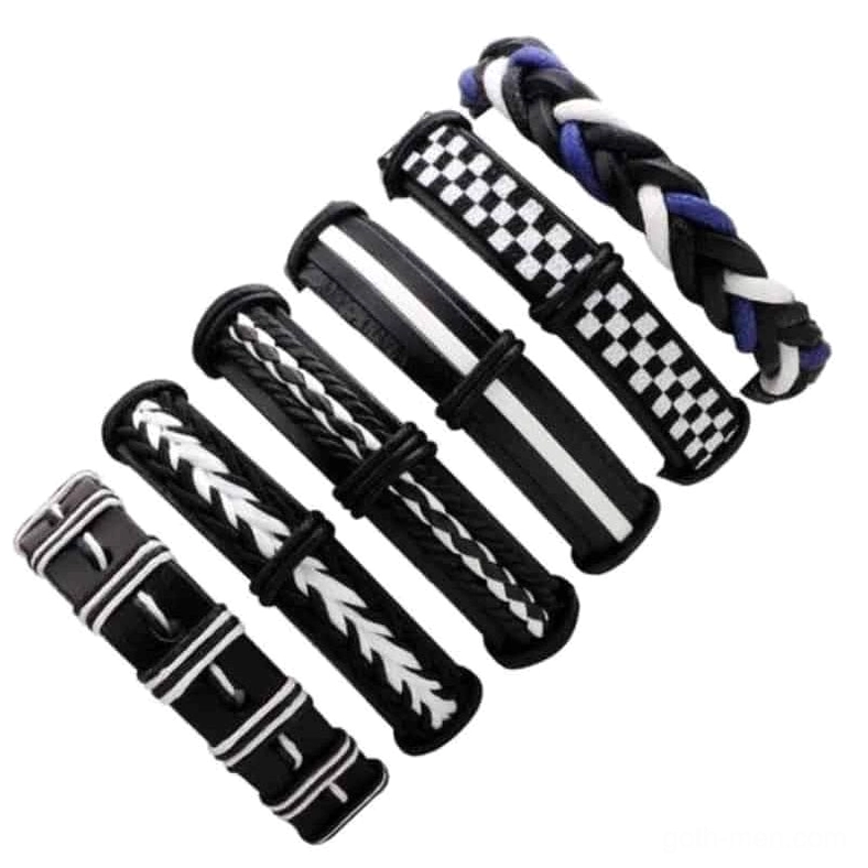 6-piece gothic leather and braided rope bracelet set black and white flat lay display