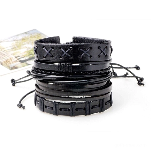 Gothic leather bracelet set cross stitch detail adjustable wristband dark aesthetic