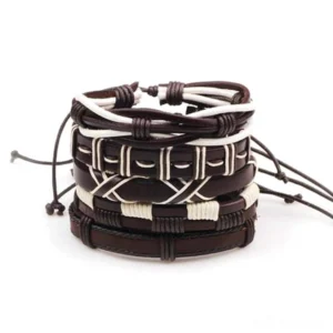Five-piece gothic braided leather bracelet set in brown and white, overhead view showing woven geometric patterns and adjustable drawstring closures