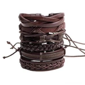6-piece dark brown leather gothic bracelet set with braided rope wristbands displayed on white background flat lay