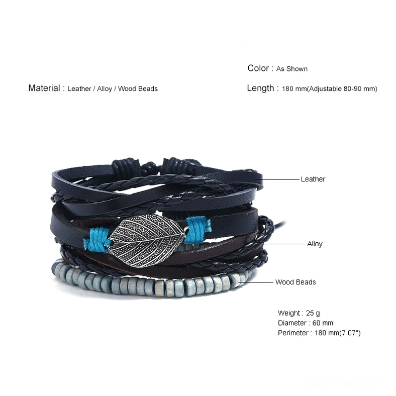Gothic bracelet collection with product specification labels showing materials, size, weight, and leather construction details