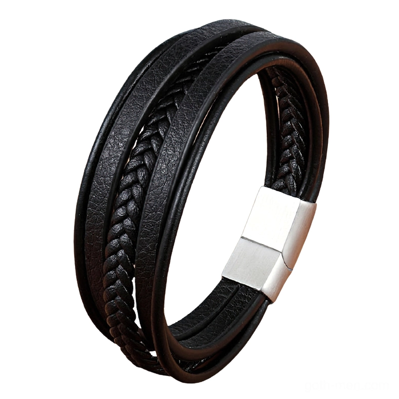 Dark leather gothic bracelet with silver stainless steel magnetic clasp, layered genuine leather design, three-quarter view