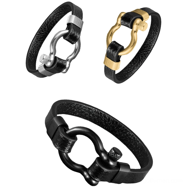 Side profile view of silver steel toggle clasp on black genuine leather gothic bracelet - industrial design detail