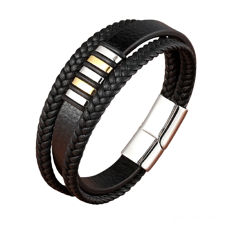 Silver-gold mixed metal gothic leather bracelet for men with contemporary magnetic closure