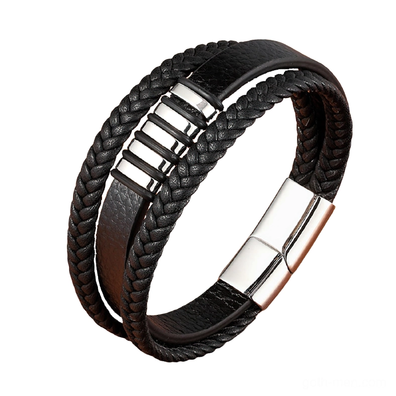 Full silver stainless steel gothic magnetic leather bracelet for men with polished metal finishes