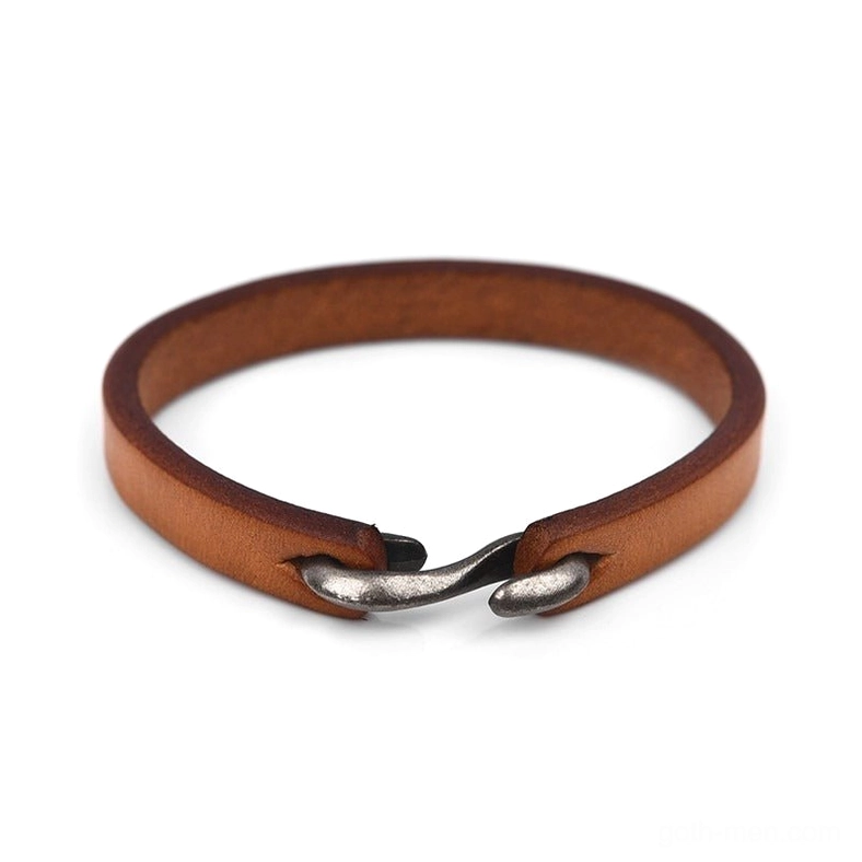 Tan honey brown genuine leather gothic cuff bracelet with retro boat hook clasp, light leather finish