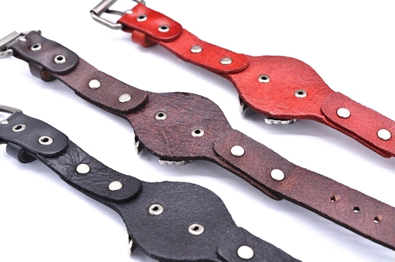 Live to Ride leather biker bracelet unfinished straps showing black brown and red leather with metal buckles