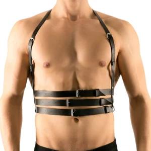 Men's black leather gothic chest harness with triple adjustable waist buckles and silver hardware, front view on muscular male model