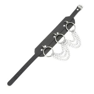Black PU leather gothic chain choker side view showing three silver O-rings and adjustable buckle strap