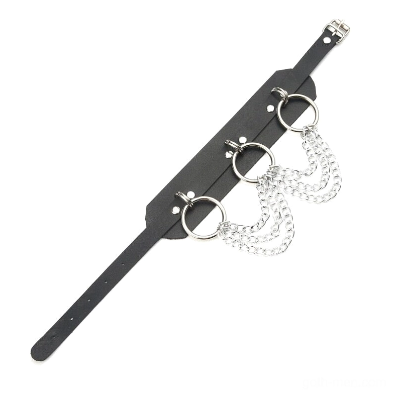 Black PU leather gothic chain choker side view showing three silver O-rings and adjustable buckle strap