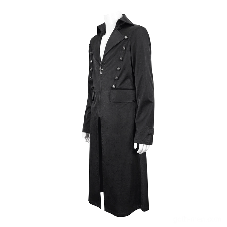 Black leather gothic coat left side view on mannequin showing flap waist pocket and tailored cuff details