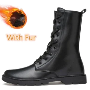 Men's black gothic combat boots with fur lining – high-top lace-up leather boots with cozy plush interior for winter warmth