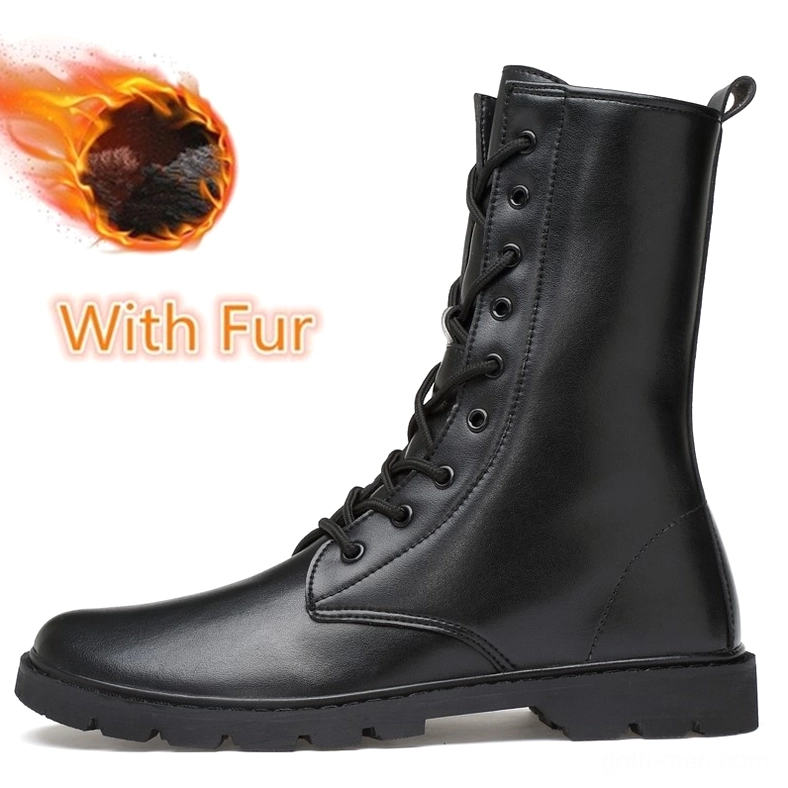 Men's black gothic combat boots with fur lining – high-top lace-up leather boots with cozy plush interior for winter warmth