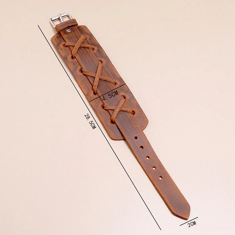 Gothic Leather Cuff Bracelet with Adjustable Buckle Holes and Cross-Laced Design - Detail View