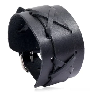Black Gothic Wide Leather Cuff Bracelet with Cross-Laced Design and Metal Buckle - Front View