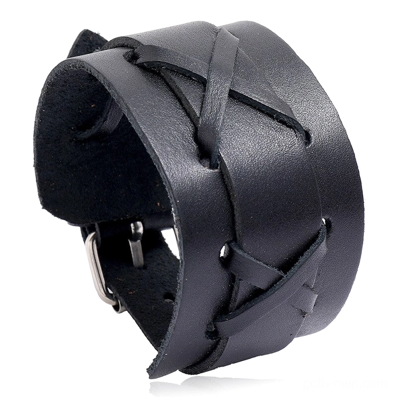 Black Gothic Wide Leather Cuff Bracelet with Cross-Laced Design and Metal Buckle - Front View