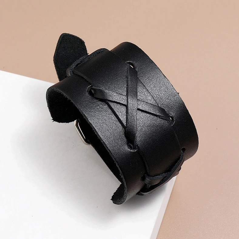 Black Gothic Wide Leather Cuff Bracelet with Metal Buckle - Side Oblique Close-Up