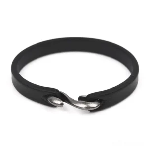 Midnight black genuine leather gothic cuff bracelet with vintage boat hook clasp, minimalist narrow strap design
