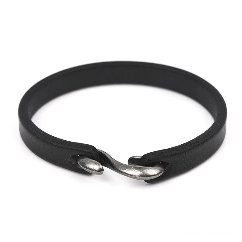 Midnight black genuine leather gothic cuff bracelet with vintage boat hook clasp, minimalist narrow strap design
