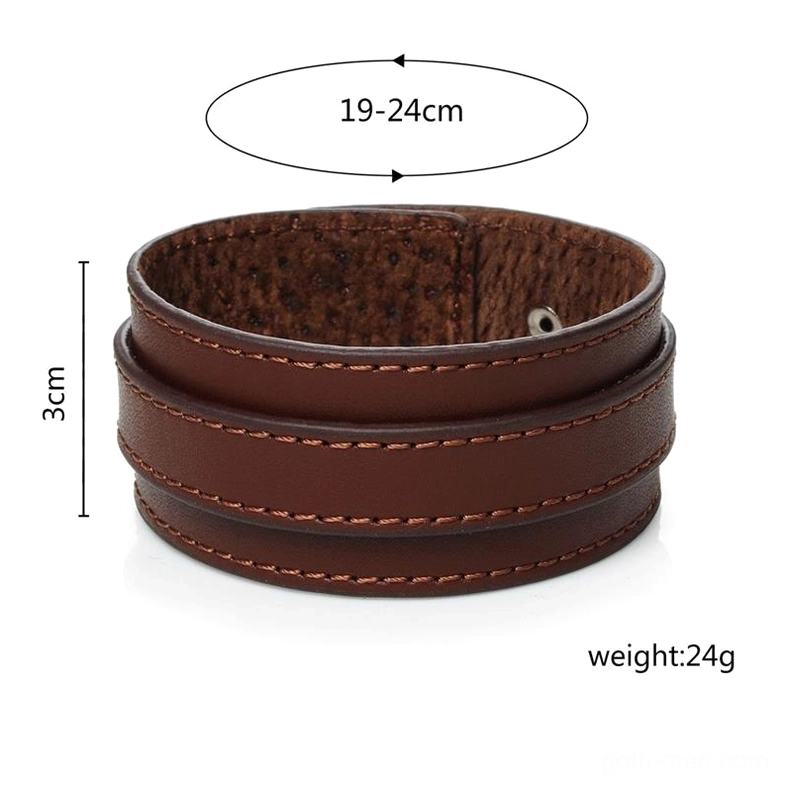 Brown adjustable gothic cuff bracelet showing 19-24cm size range, 3cm width measurement, approximately 24g weight