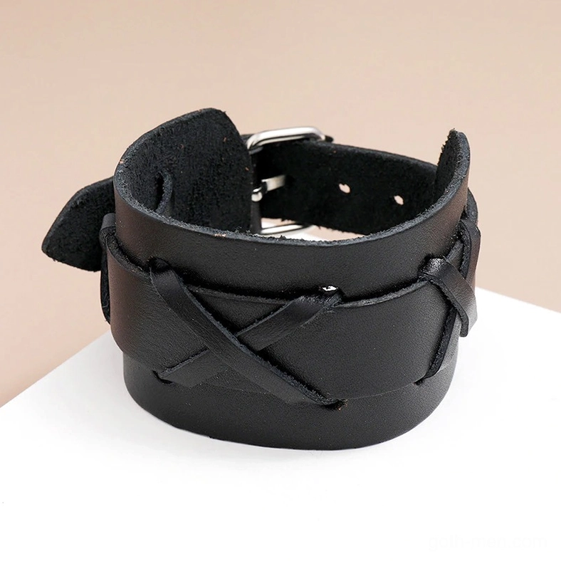 Black Punk Rock Leather Cuff Bracelet with Adjustable Buckle Holes - Front Side Detail