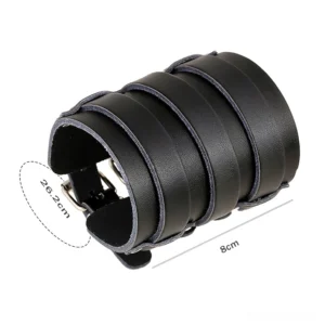 Adjustable gothic punk leather cuff bracelet showing metal buckle closure system and size measurements, right angle view