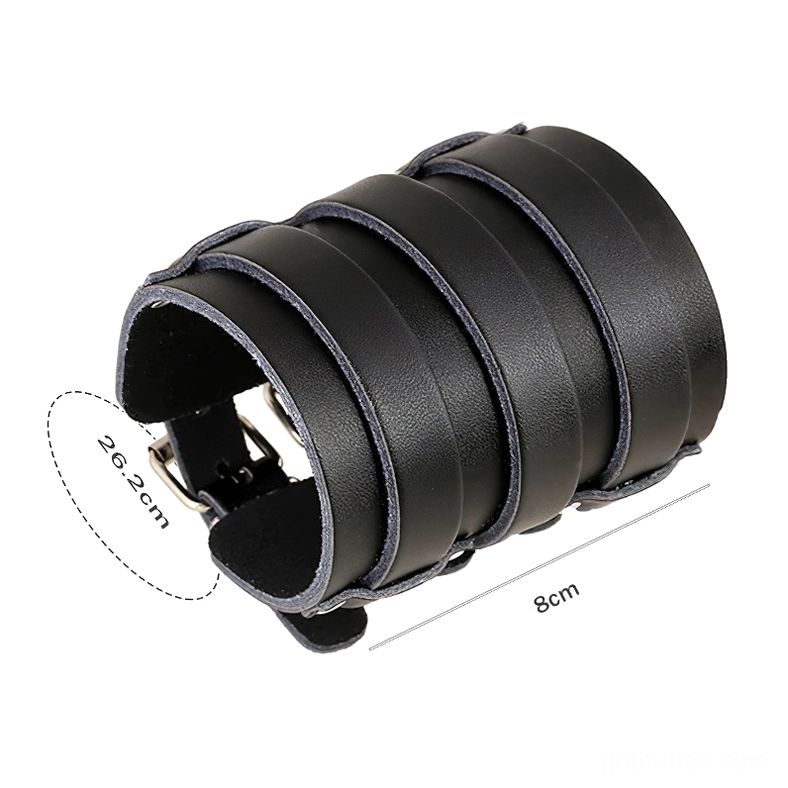 Adjustable gothic punk leather cuff bracelet showing metal buckle closure system and size measurements, right angle view