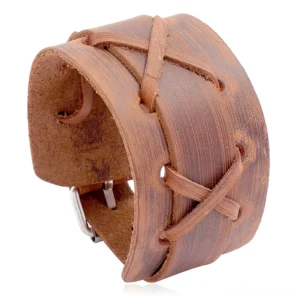 Camel Tan Gothic Leather Cuff Bracelet with Adjustable Cross-Laced Strap - Oblique Angle