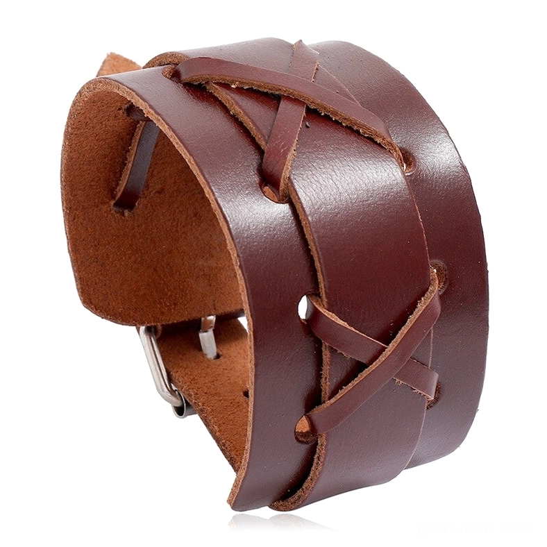 Dark Brown Gothic Wide Leather Cuff Bracelet with Metal Hardware - Front Angled View