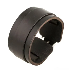 gothic double-wide black leather cuff bracelet 45-degree angle display showing double-layered strap design