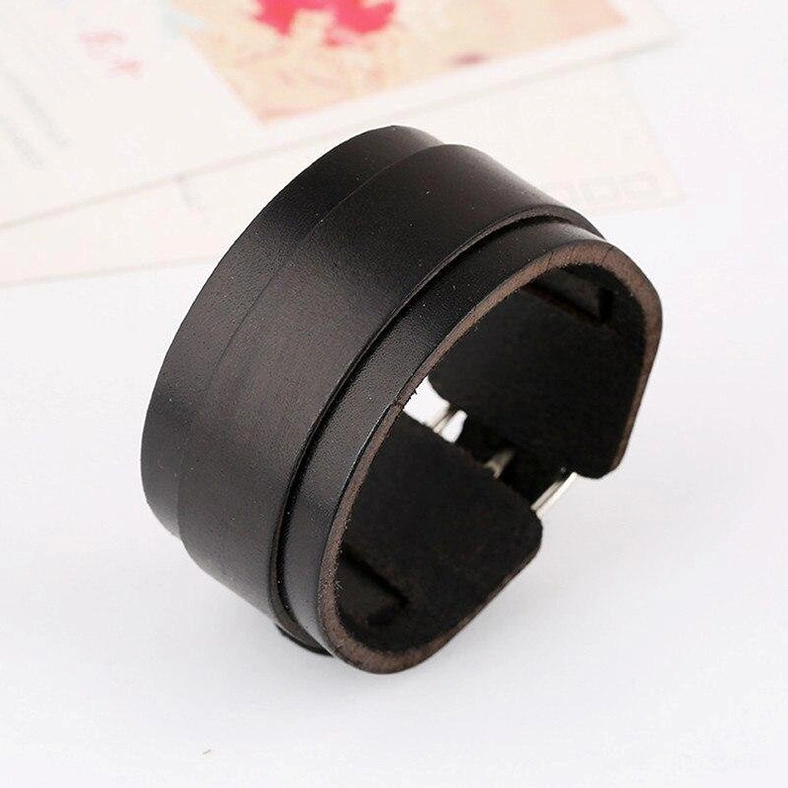 double-wide black leather gothic cuff bracelet 3/4 front view polished leather finish