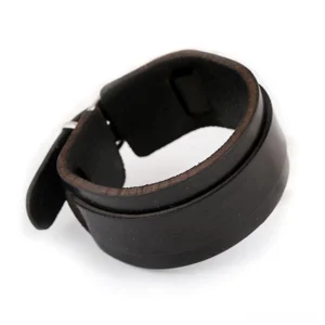 black leather cuff bracelet back inner lining view showing adjustable copper alloy metal toggle clasp