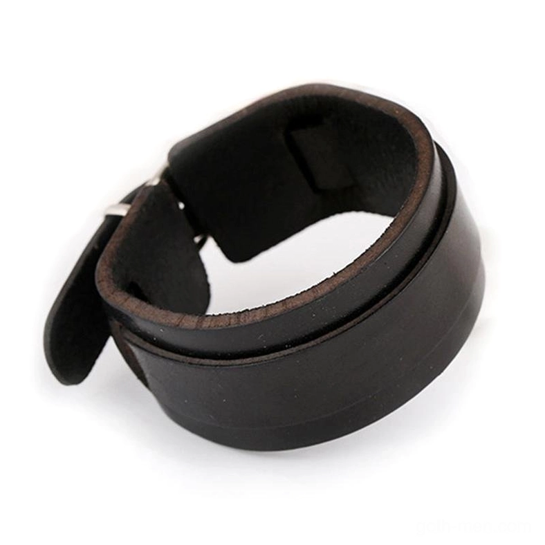 black leather cuff bracelet back inner lining view showing adjustable copper alloy metal toggle clasp
