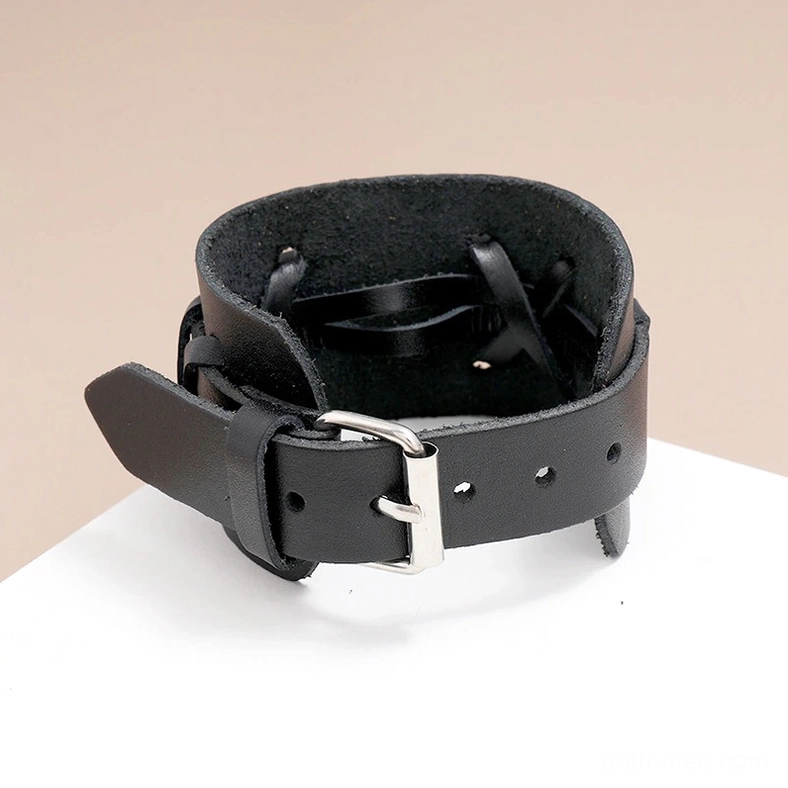 Gothic Alternative Fashion Leather Cuff Bracelet - Premium Quality Material Close-Up Texture