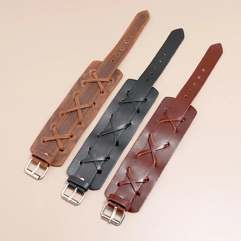 Set of 3 Gothic Leather Cuff Bracelets - Black, Dark Brown, and Camel - Complete Collection Flat Lay