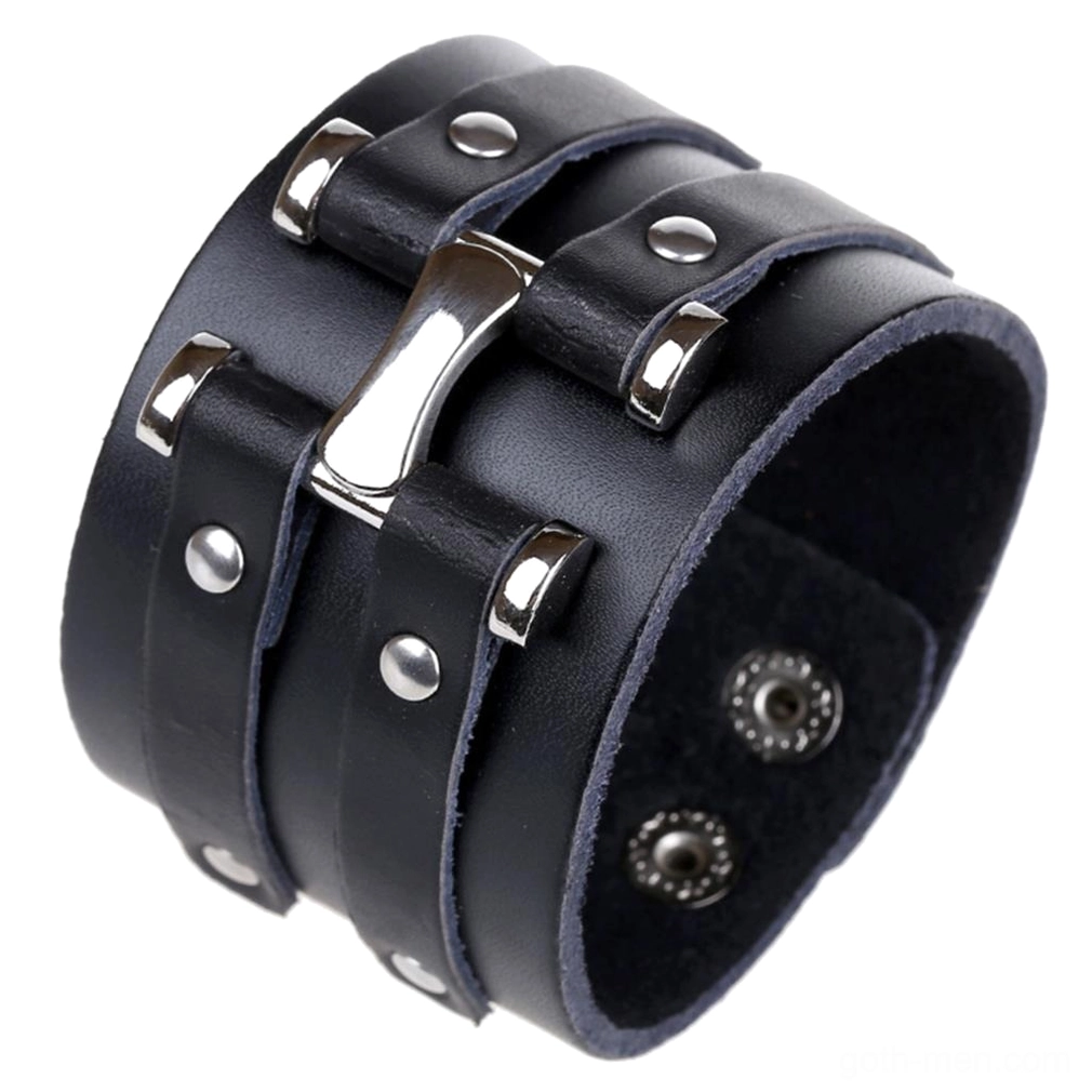 Side view of gothic leather cuff bracelet showing snap fasteners and construction detail