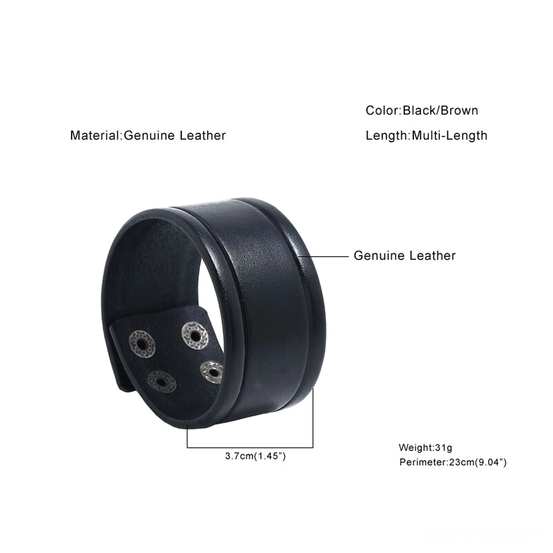 Wide leather gothic cuff bracelet angled side view showing material quality and dimension specifications