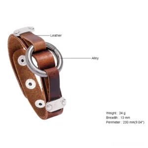 Annotated gothic leather bracelet diagram displaying component specifications, adjustable rivet holes, and alloy ring placement