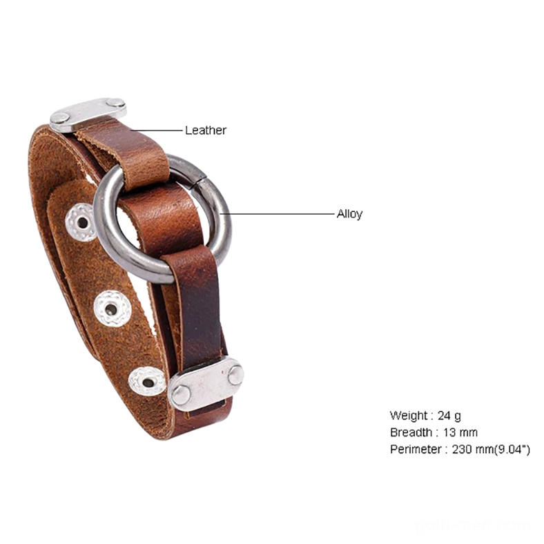 Annotated gothic leather bracelet diagram displaying component specifications, adjustable rivet holes, and alloy ring placement