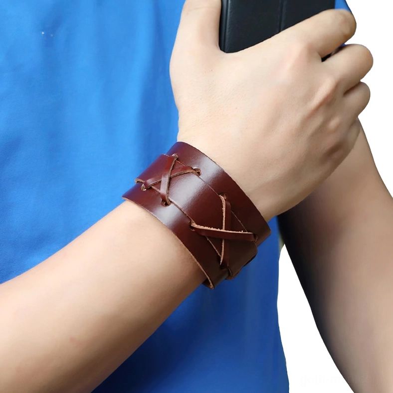 Dark Brown Leather Punk Rock Cuff Bracelet Worn on Male Wrist - Lifestyle Side View