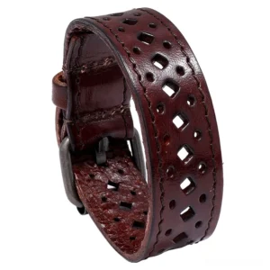 Deep brown genuine leather gothic cuff bracelet with hollow geometric square pattern, vintage adjustable bangle with metal buckle