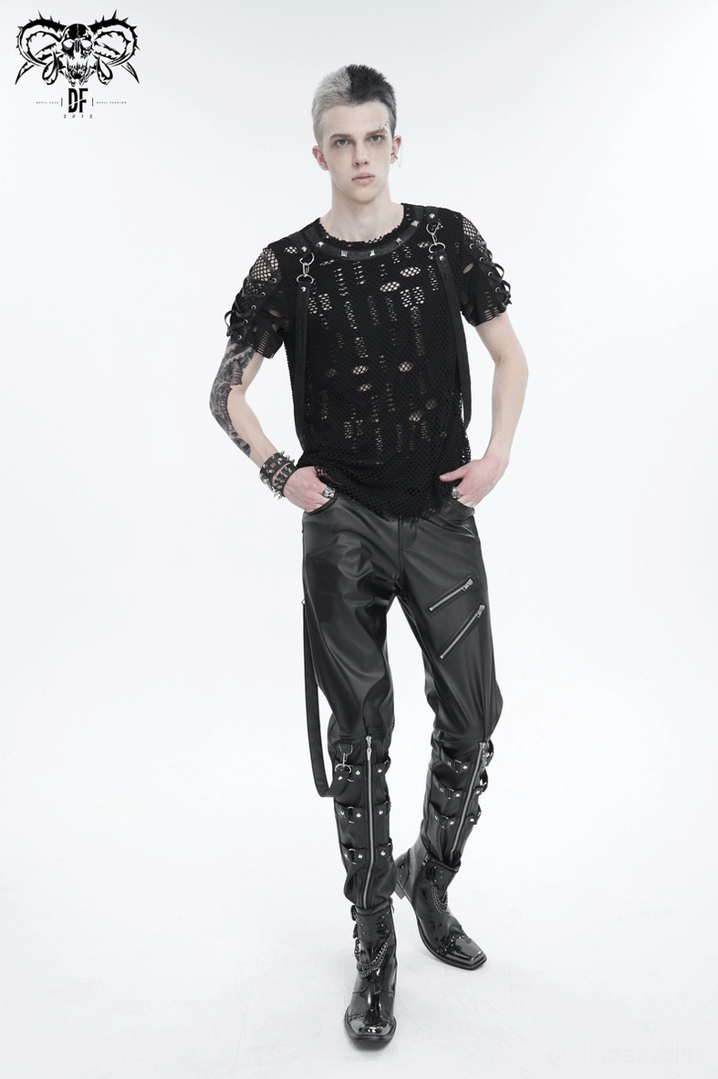 Detailed product shot of black faux leather gothic pants showing all functional features and design specifications