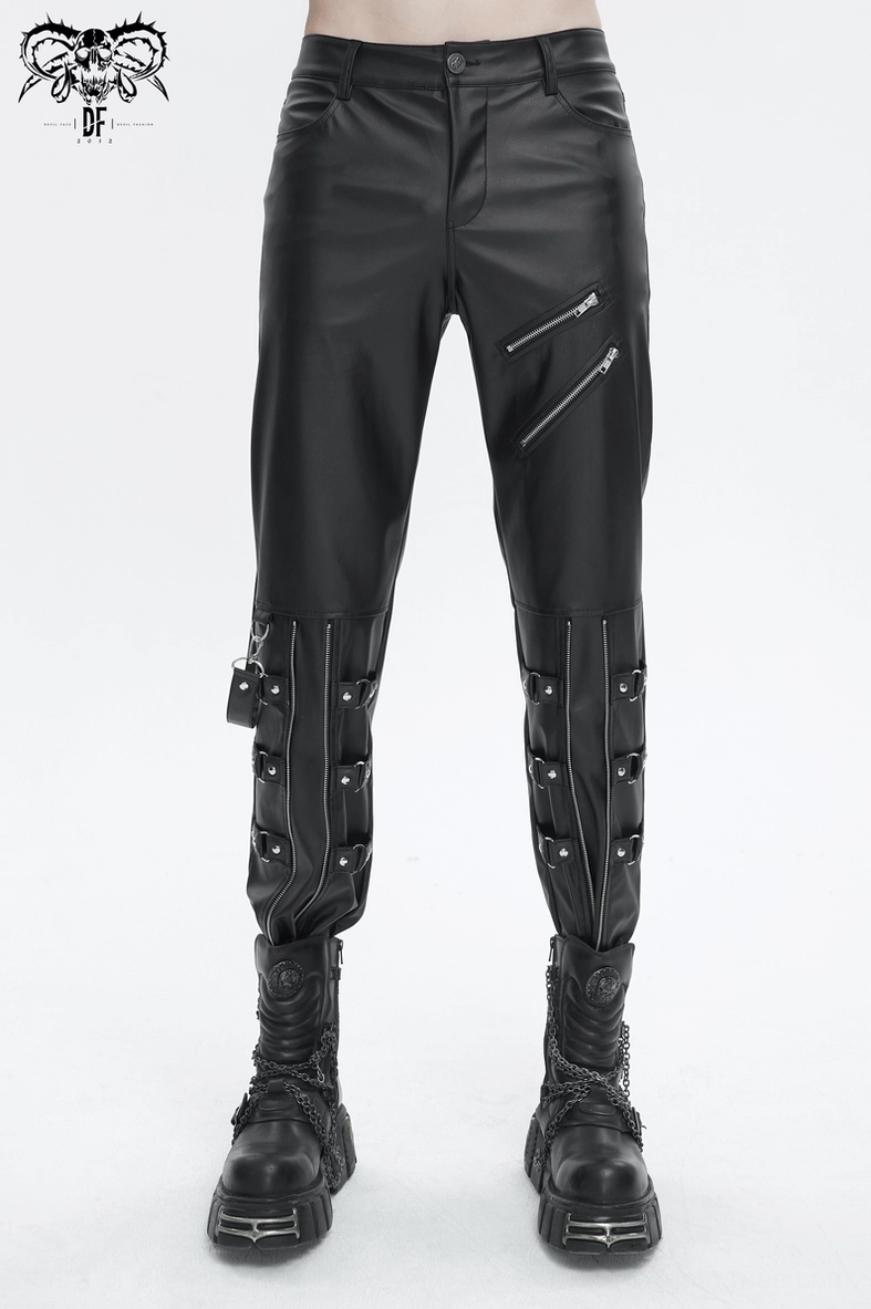 Black faux leather gothic pants displayed on stand showing fitted tapered cut and premium material finish