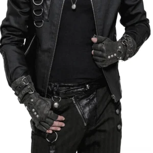 Male model wearing gothic distressed leather gauntlet gloves with metal studs and D-ring hardware in studio fashion shoot