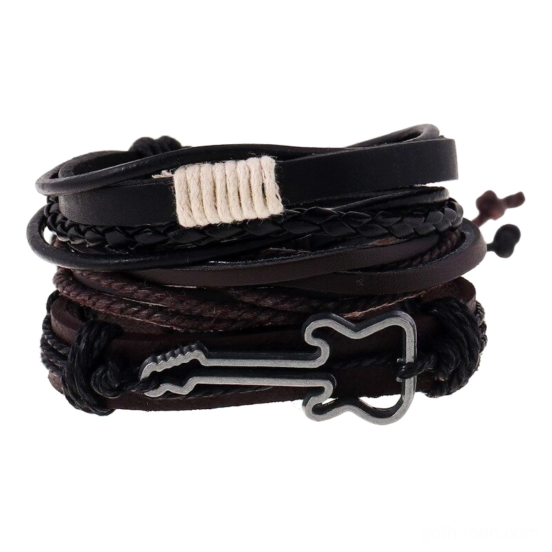 Gothic multi-layer leather bracelet with vintage guitar charm and braided rope, flat lay top view on white background showing brown and black leather layers with metal guitar pendant and adjustable braided cord closure