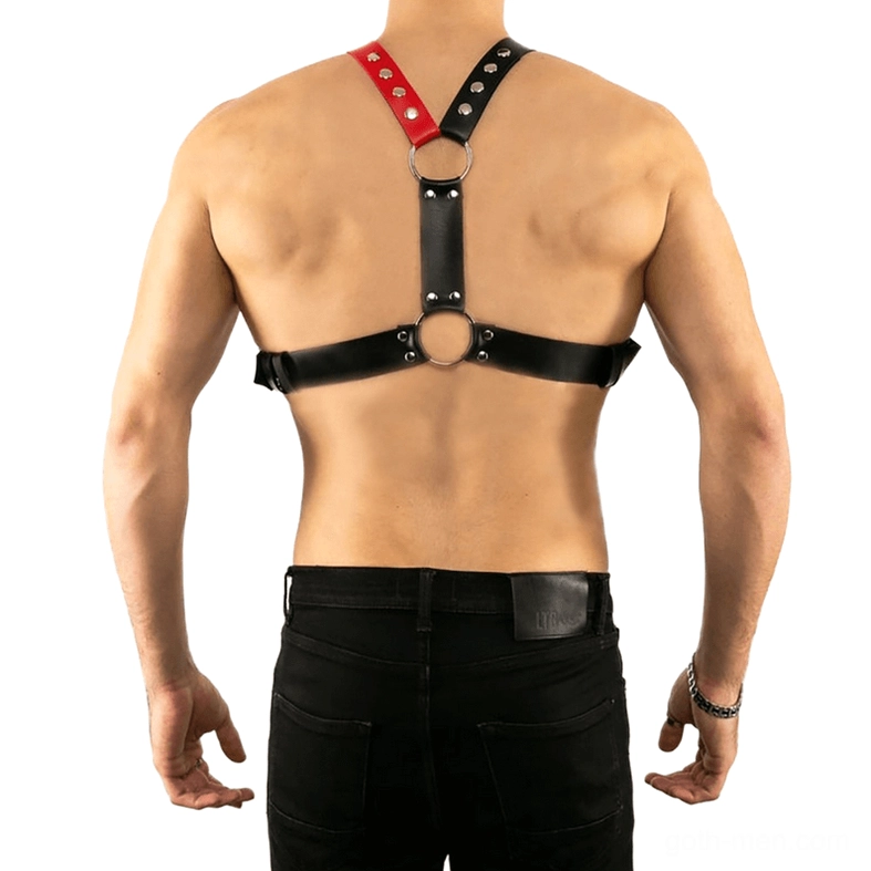 Black and red leather chest harness back view, Y-shaped design with studded shoulder straps