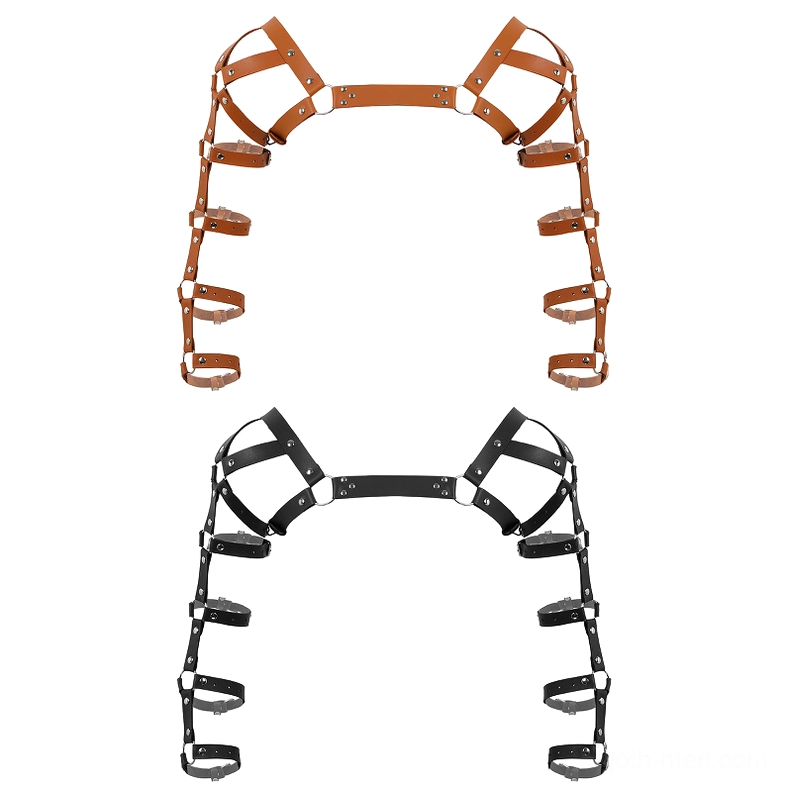 Two-color gothic leather harness display brown and black metal hardware studio shot